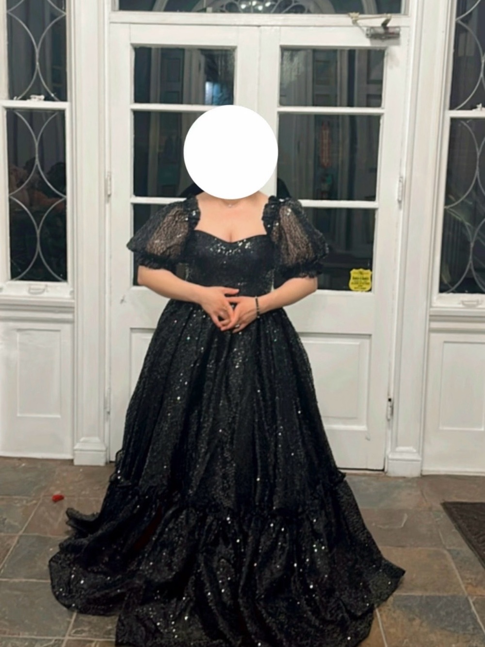 Selkie Black Sequin Puff-Sleeve Maxi Gown